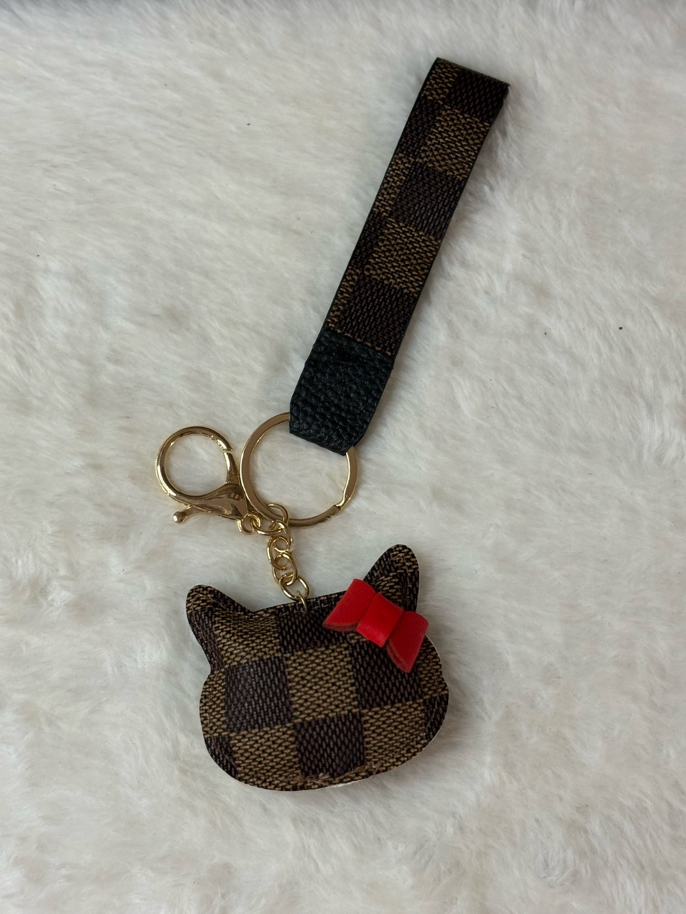 Cat Face Key & Card Holder Wristlet with Red Bow - Brown Check